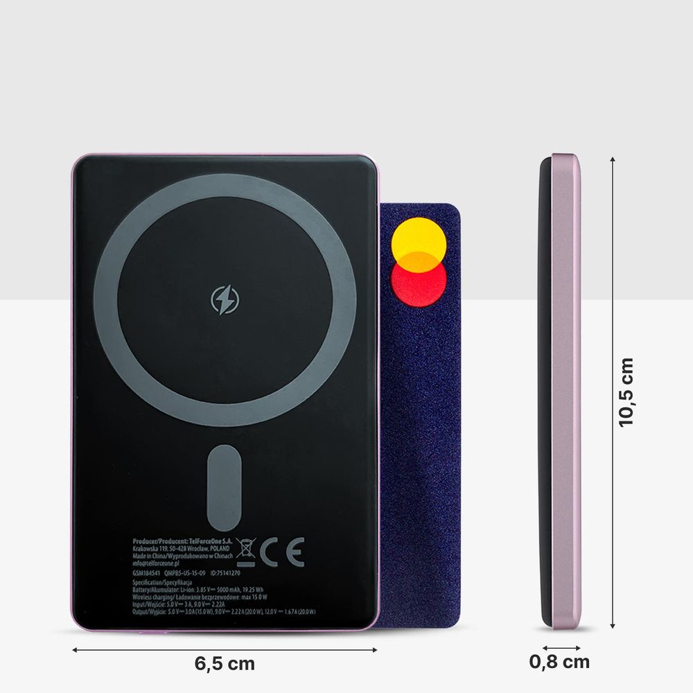 QUALO Powerbank MagSafe Ultra Slim 5000 mAh 15W USB-C Aluminium Magnetyczny Fioletowy QMPB5-US-15-09