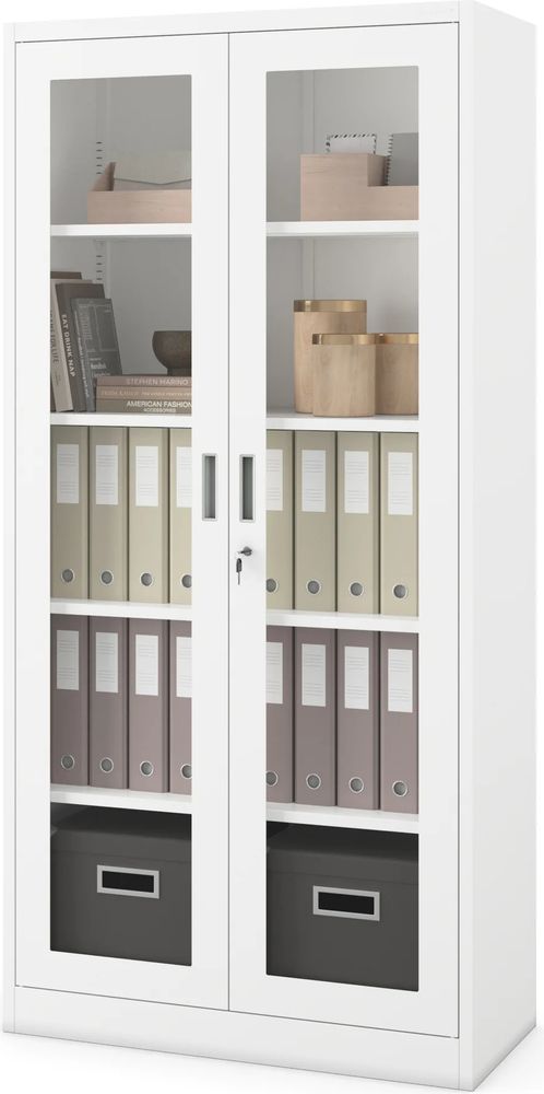 Aktenschrank Medizinschrank Büroschrank Flügeltürschrank Glasvitrine 4 Fachböden Stahl Abschließbar 185 cm x 90 cm x 40 cm Farbe: Weiß