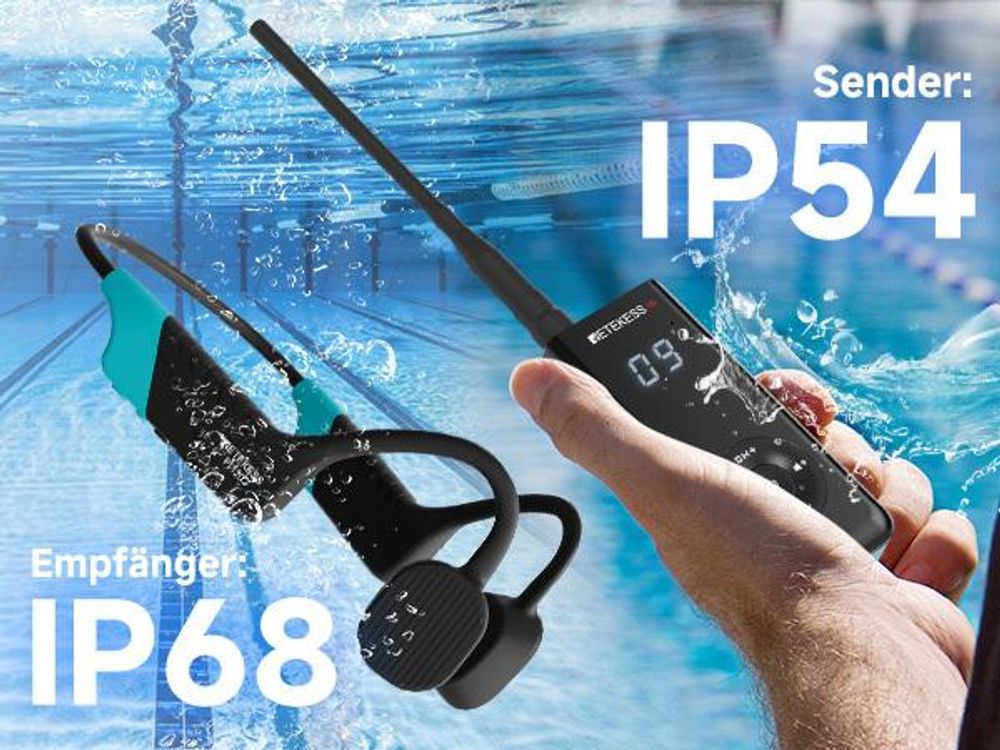 Retekess TT120 Schwimmtrainer-Kommunikator, IP68 Wasserdichte Schwimmkopfhörer, Knochenleitung, 120 m, für Schwimmtraining(1 Sender, 3 Empfänger)
