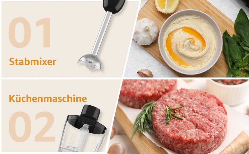 7MAGIC Pürierstab,4-en-1 Stabmixer Elektrischer,800W Stufenlos Geschwindigkeiten,Edelstahl,Schneebesen,Häcksler und Messbecher für Babynahrung,Schwarz