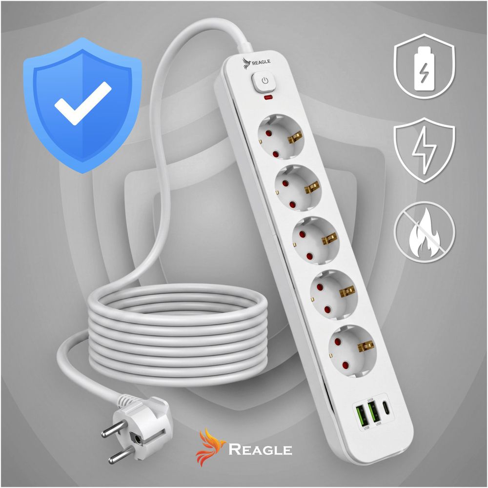 Reagle 3m Steckdosenleiste 5-fach mit 3x USB (2x USB-A, 1x USB-C), Mehrfachsteckdose, Verlängerungskabel 2500W, Schalter, Weiß