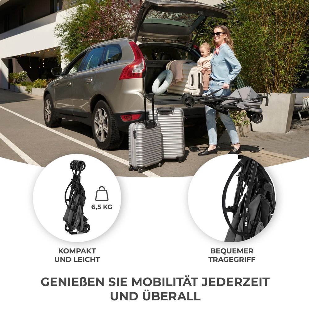 Kinderkraft TIK - Spazierbuggy Regenschirm - ultraleicht (6,5 kg) - zusammenklappbar - Liegeposition - nicht durchstoßbare Reifen - Grau