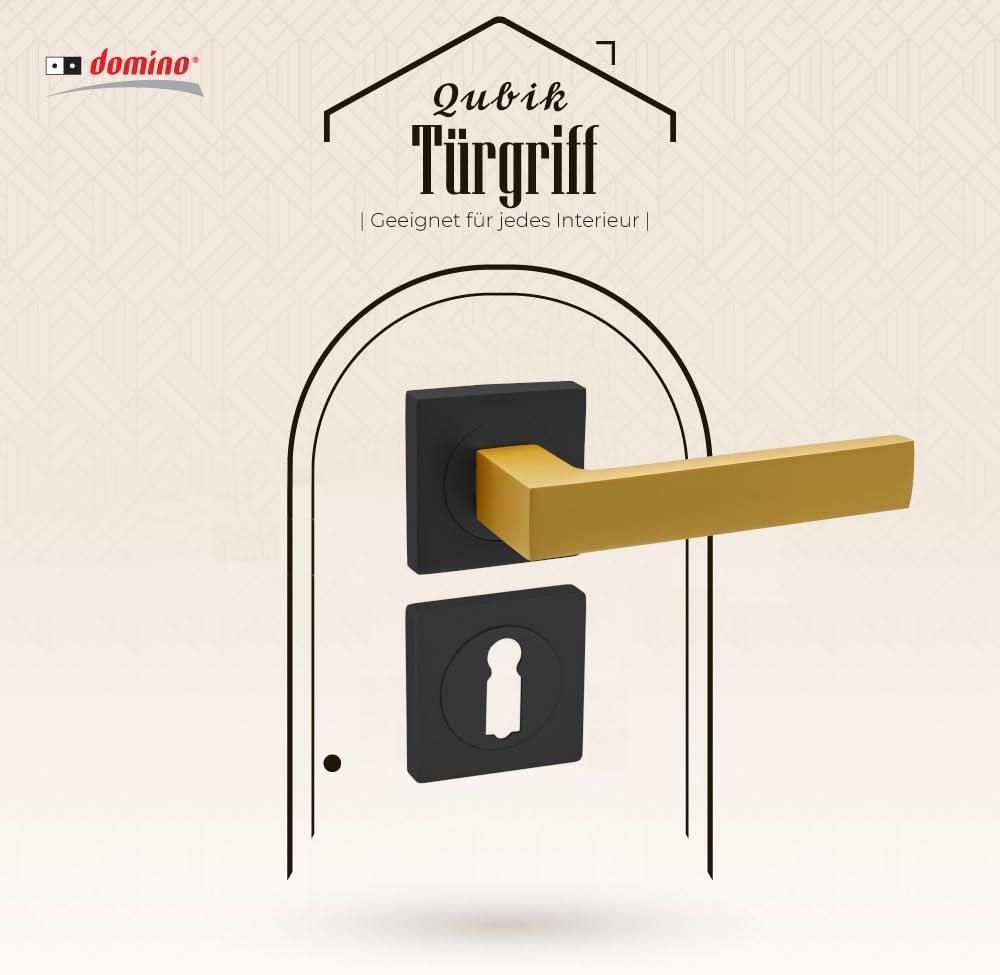 DOMINO Türgriff Drückergarnitur BB-Buntbart Set | mit quadratischen BB Rosetten | Türklinke für Zimmertür, Bürotür, Kellertür & Innentür | Türbeschläge aus Aluminium | Schwarz/Gold Türdrückergarnitur| QUBIK-QR BLACK /K-GOLD MATT