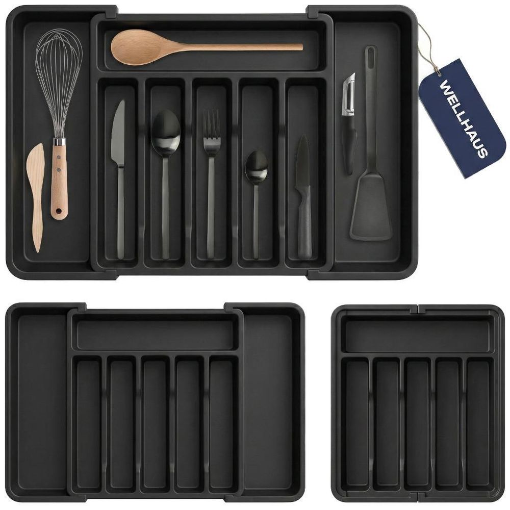 WELLHAUS – Ausziehbare, verstellbare Besteck und Küchen­schubladen-Organizer flexibles Raum­wunder für Ihre Küche (Schwarz, 33 x 38 cm -> 57 x 38 cm)