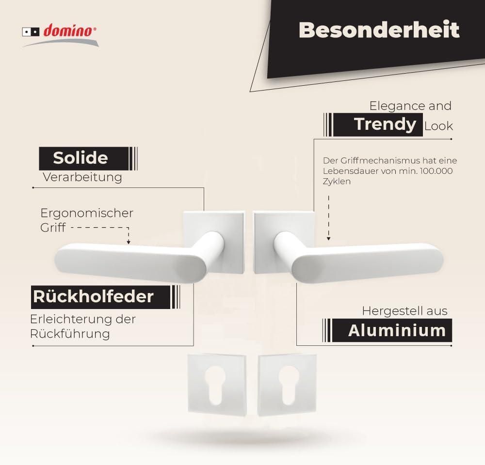 DOMINO Türgriff Drückergarnitur PZ - Profilzylinder Set | quadratische Rosette | Türklinke für Zimmertür, Bürotür, Kellertür & Innentür| Türbeschläge aus Aluminium| Weiß Türdrückergarnitur | DENVER-QR SLIM WHITE