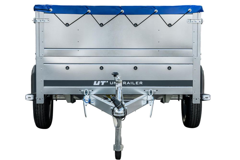 Anhänger mit faltbarer Deichsel GARDEN TRAILER 230 KIPP mit zusätzlichen Bordwänden, Stützrad und blauer Flachplane