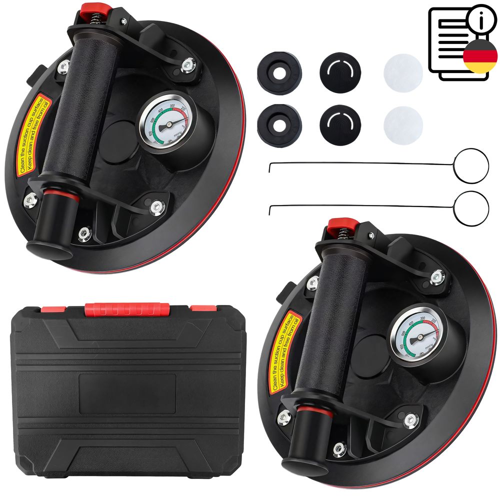 2x Saugheber mit Manometer, Glassauger, Vakuumheber 220 kg Tragkraft Saugnapfhalter für Transport Glas, Fliesen, Platten Saugnapf mit Griff Retoo