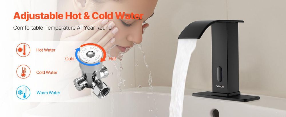 VEVOR Berührungslose Badezimmer-Wasserhahn, Automatischer Bewegungssensor-WC-Wasserhahn mit Lochabdeckplatte, Batteriebetrieben, Einstellbare Temperatur für 9,5 mm Rohr Gewerblicher Waschbecken, Matt Schwarz, Doppelsteuerung-d, Wasserfall
