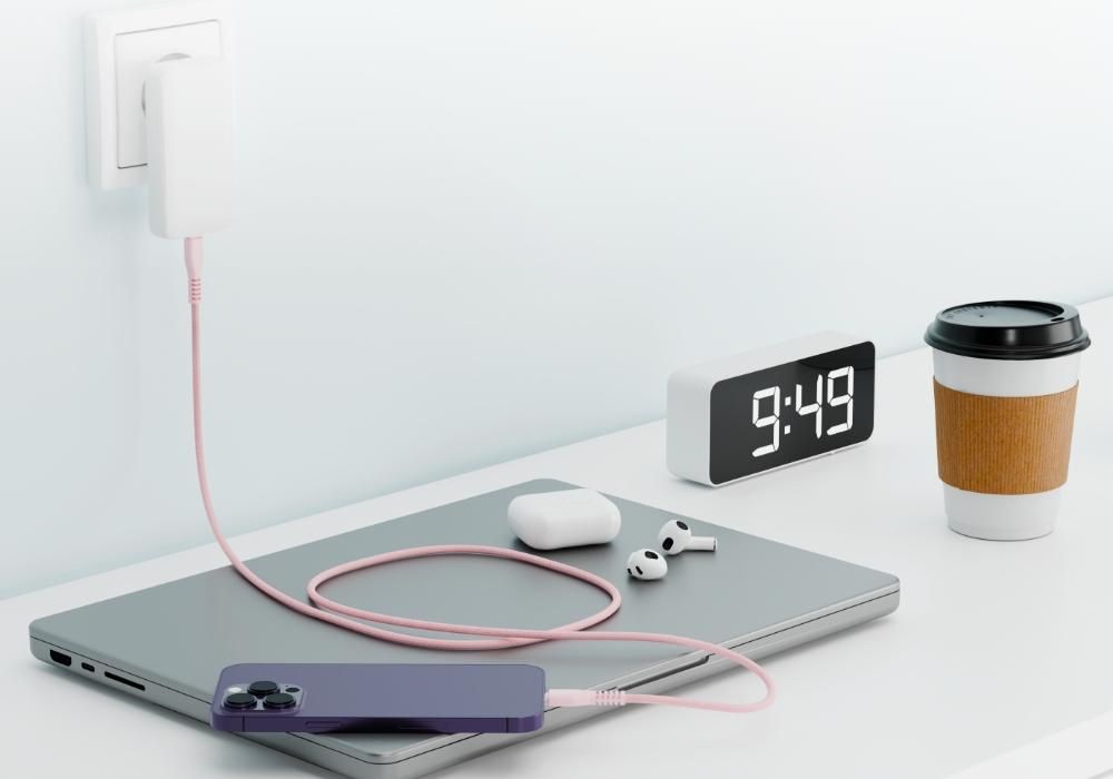 QUALO Nylon USB-C auf Lightning Kabel – 1,5 m, 2,4 A, Rosa QKN-CL-16 Schnellladekabel 12W