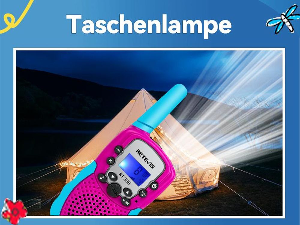 Retevis RT388 Walkie Talkie Kinder, Geschenke für Kinder ab 4-12 jahre, VOX, 10 Ruftöne, DCS/CTCSS, Spielzeug mit Taschen für Camping
