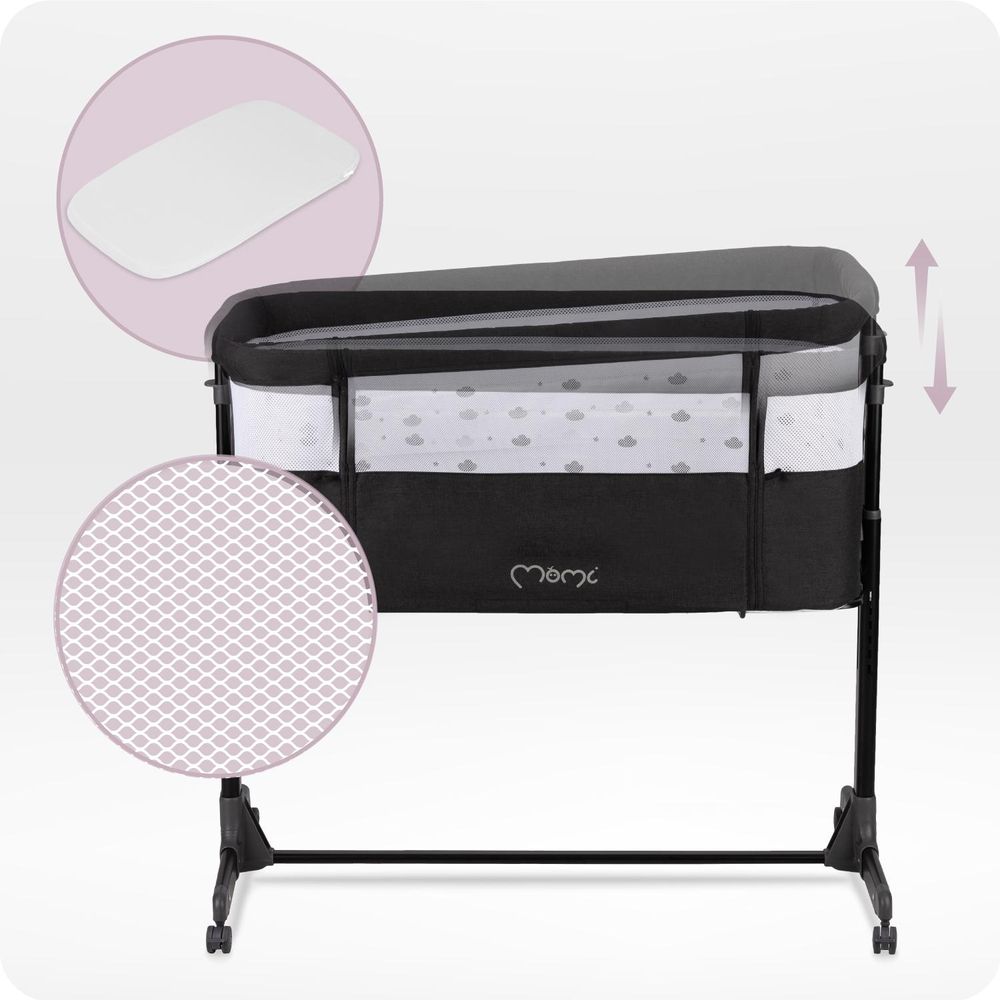 MoMi REVO – 2-in-1 Beistellbett & Babybett, höhenverstellbar mit Neigungsverstellung, inkl. Matratze, Spielzeug & Moskitonetz – Dunkelgrau