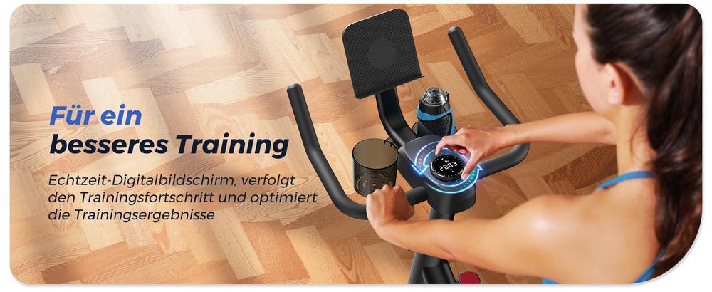 Leises Heimtrainer Fahrrad LED-Monitor, Bluetooth & App, verstellbarer Sitz & Widerstand, Tablet- & Flaschenhalter, bis 136 kg, Fitnessbike Zuhause