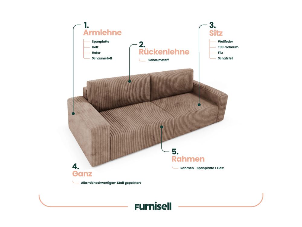 Furnisell Cord Schlafsofa Sofa mit Bettkasten "FANO", Braun