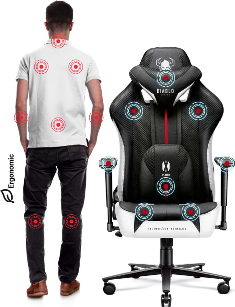 Diablo X-Player Gaming Stuhl Bürostuhl Schreibtischstuhl Stoff 3D Armlehnen Ergonomisches Design Nacken/- Lendenkissen Farbe: Weiß-Schwarz, Größe King