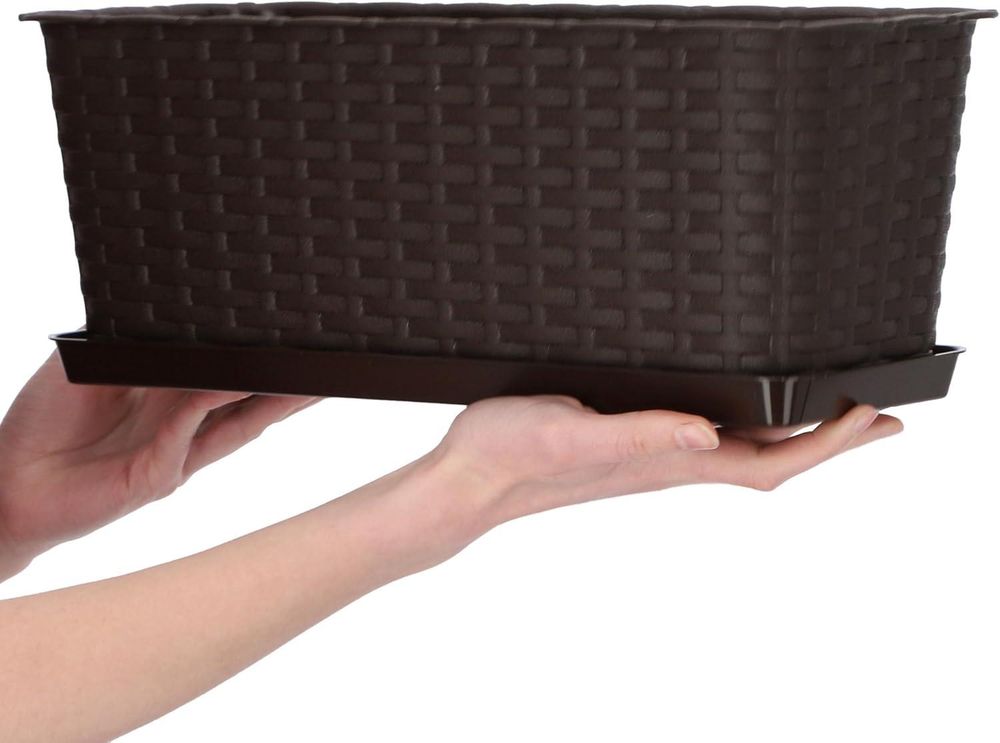 KADAX Blumenkasten 40 cm Braun mit Untersetzer, Rattan-Optik – Pflanzkasten für Balkon oder Fensterbank, langlebiger Balkonkasten