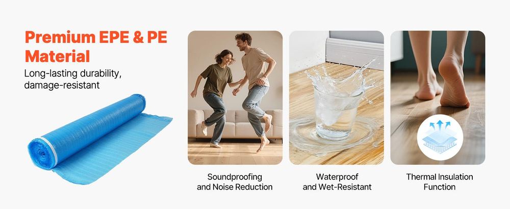 VEVOR Fußbodenunterlage 37,2 m², 3 mm Laminatbodenpolster mit angebrachter Dampfsperre, strapazierfähige Faser+PE-Folie, schalldämmend & geräuschreduzierend für Vinyl- & Holzböden (2 Rollen x 18,6 m²), 300 sq ft-2.0 mm-3 Volumes-EPE