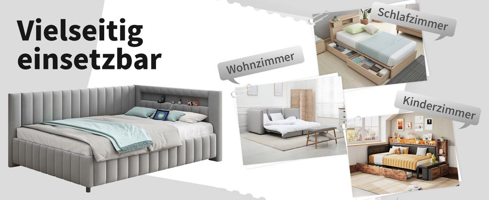 MODFU Schlafsofa Tagesbett 140x200cm mit LED-Licht und USB-Ladeanschluss,Polsterbett Daybett mit mit Rückenlehne, Kinderbett Jugendbett,Hellgrau(Ohne Matratze)