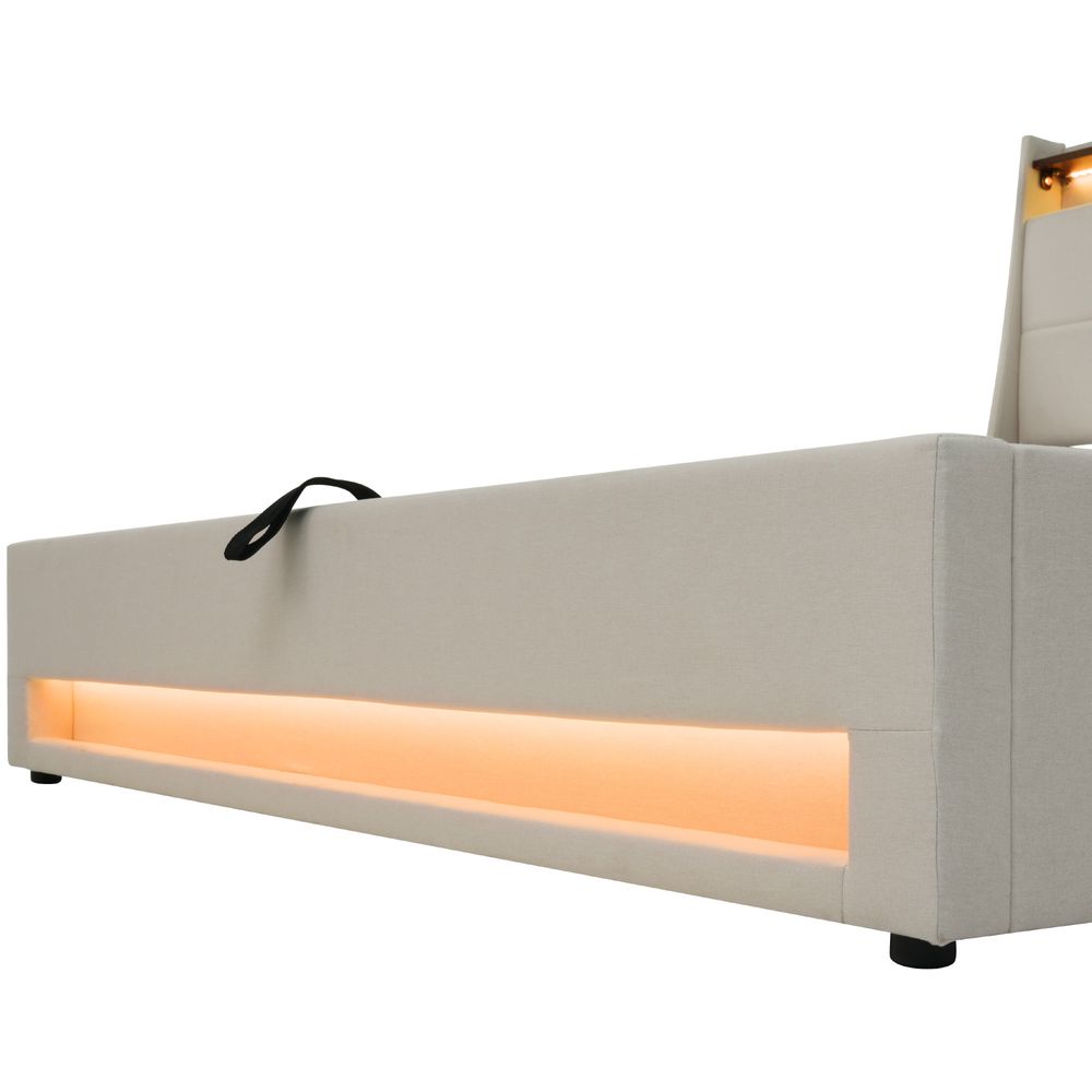 okwish Boxspringbett 160x200, USB Polsterbett, LED Doppelbett mit Bettkasten und Matratze, Stauraum und Metallrahmen Lattenrost, Leinenmaterial Bettgestell Jugendbett (mit Matratze) Beige