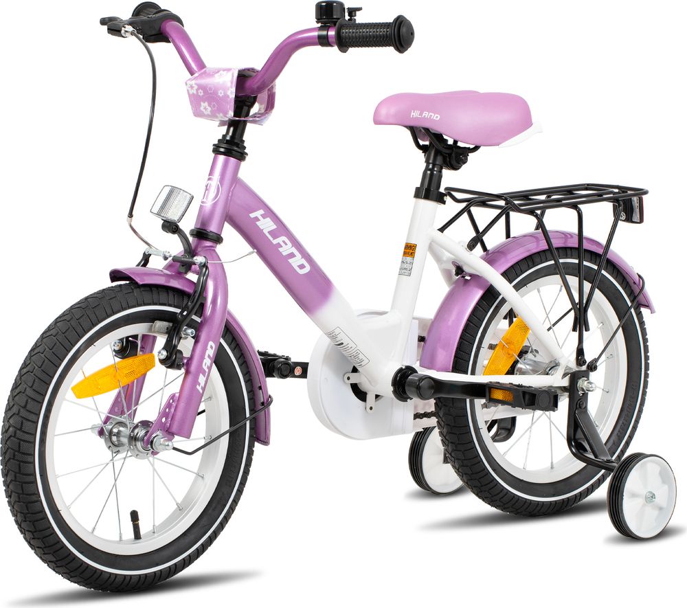 HILAND Starry 12 Zoll Kinderfahrrad für Mädchen ab 3 4 5 6 7 Jahren, mit Stützräder, Gepäckträger, Klingel, Handbremse und Rücktrittbremse, Lila