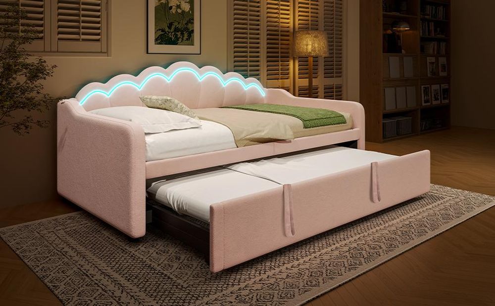 Merax 3-in-1 Tagesbett mit LED-Beleuchtung, Kinderbett Zweisitzer Sofabett, Ausziehbares Doppelbett (90×200 cm/180×200 cm), Samtbezug in Rosa