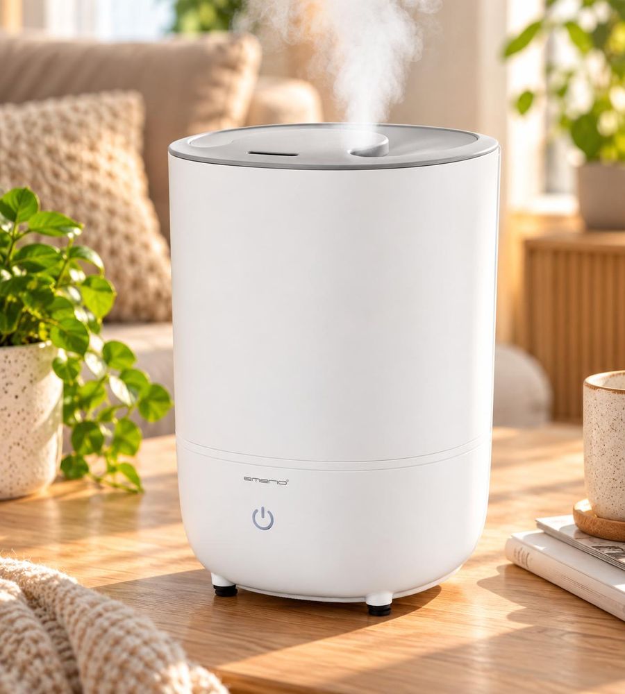 Weißer Luftbefeuchter mit feinem Nebel in einem gemütlichen Wohnzimmer.