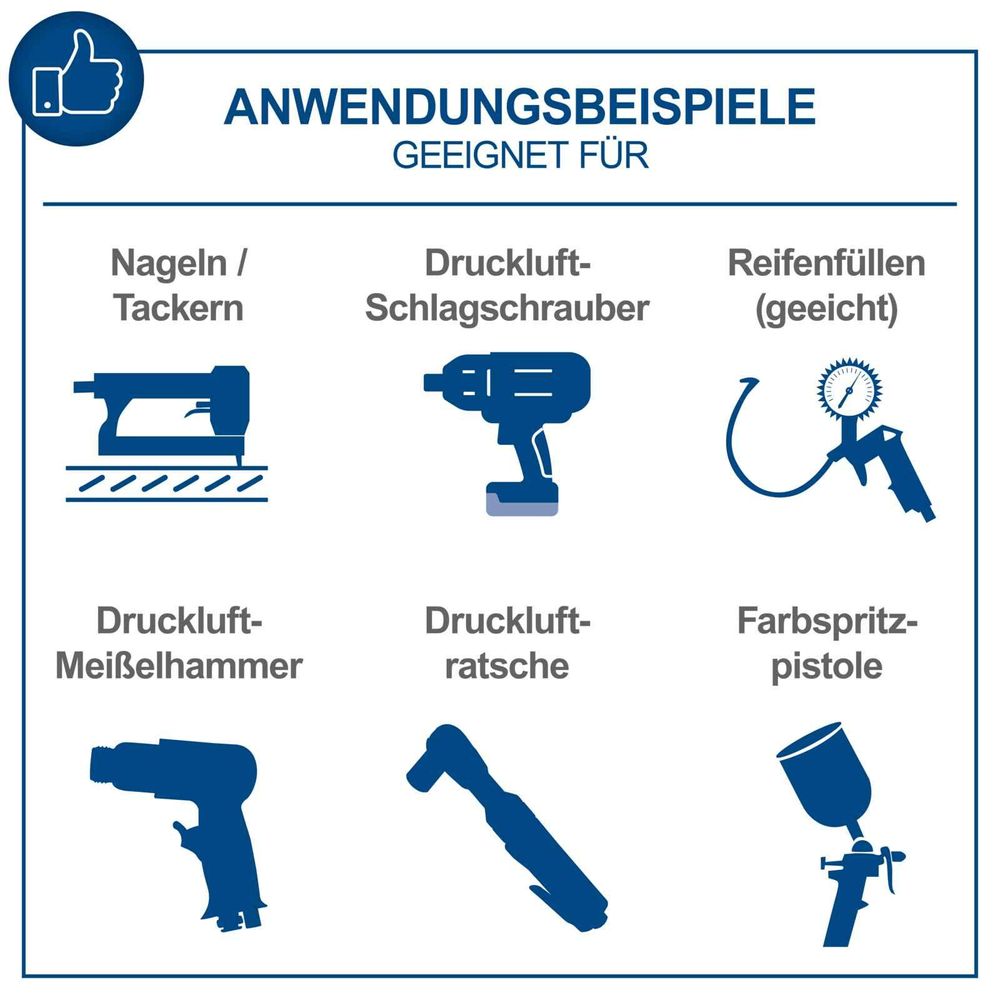 Das Bild zeigt die verschiedenen Anwendungsbeispiele wie Reifenfüllen, Farbspritzpistole, etc.
