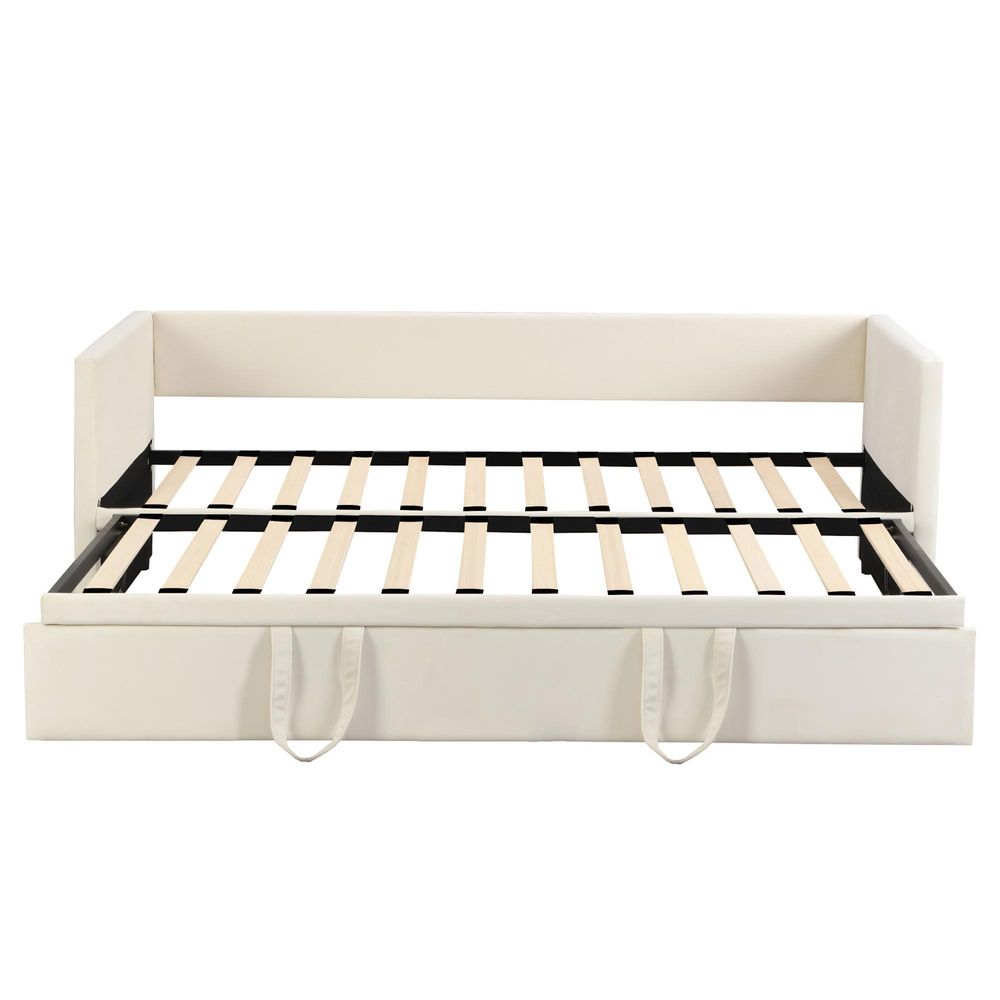 INONEFT Schlafsofa 90/180 x 200 cm, Tagesbett Ausziehbar Sofabett mit Lattenrosten, Polsterbett für Erwachsene, Samtstoff, ohne Matratze, Beige