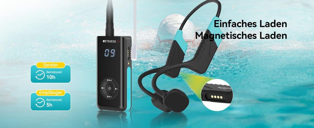 Retekess TT120 Schwimmtrainings-kommunikationssystem, IP68 Wasserdichte, Knochenleitung, 120 m, mit USB-Ladegerät, Sportkopfhörer für Schwimmschule