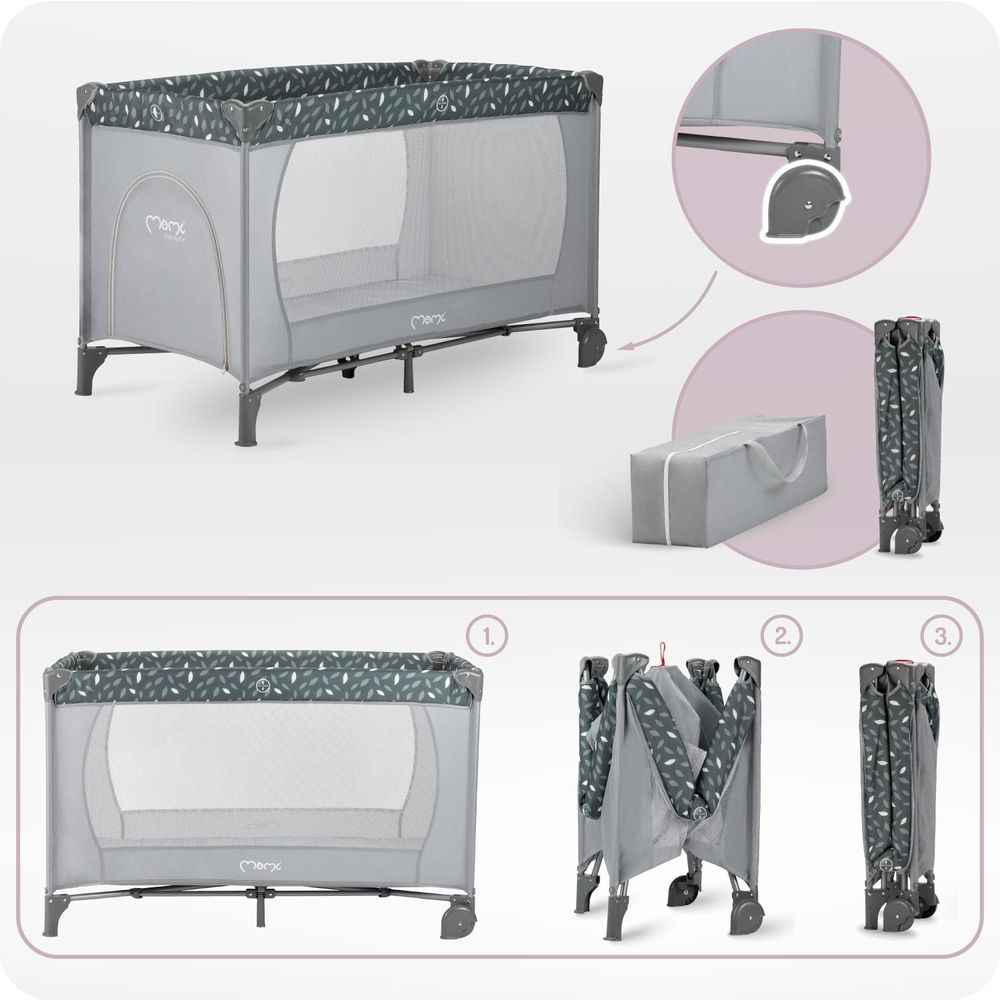 MoMi BELOVE – Baby Reisebett klappbar mit Matratze, Seiteneingang & Rädern, Sicherheitsverriegelung, Tragetasche inklusive – Grau