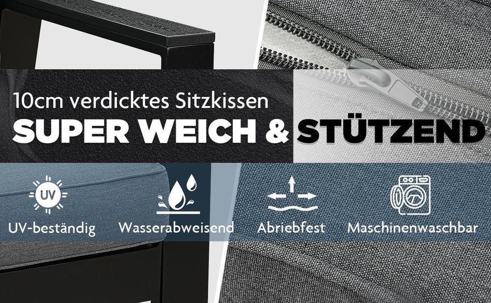 MeXo Gartenmöbelset Aluminium, 4 Personen, Ergonomische Rückenlehne mit Kissen & Couchtisch, Indoor Outdoor Balkon Garten (Sitzgruppe, grau)