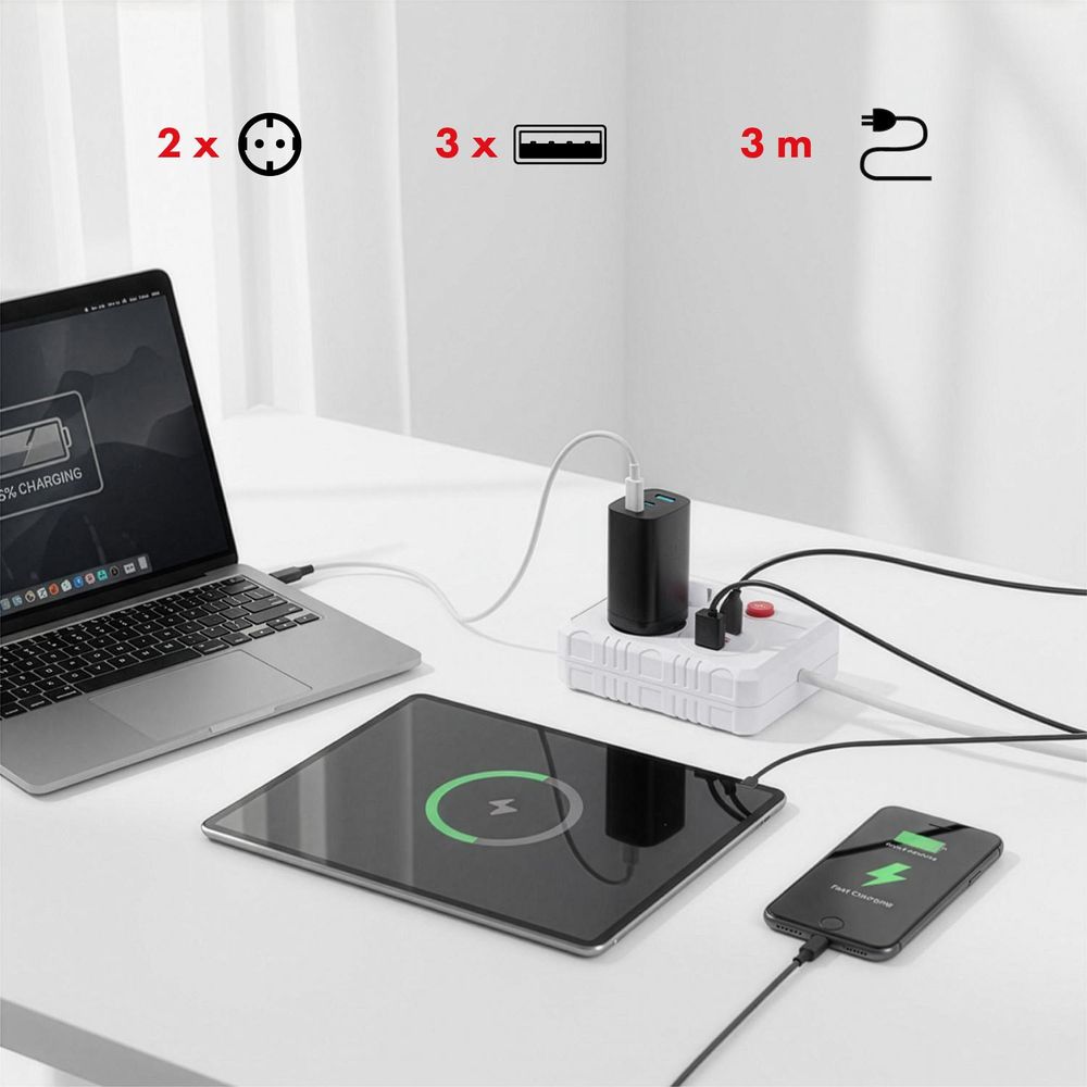 Maclean Steckdosenleiste Verlängerungskabel 2 Steckdosen + 3xUSB 110-240V AC 50/60Hz 2,1A max 2500W 3 m weiß MCE388 W