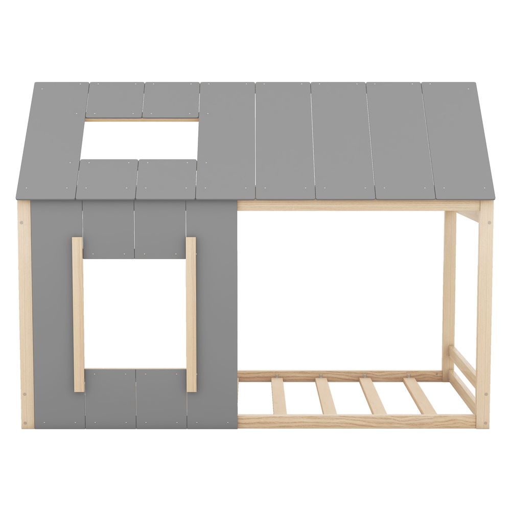 MODFU Kinderbett 90x200cm mit Lattenrost, Hausbett Jugendbett mit mit Dach und Fenster, Kiefernholzbett, Natur(Ohne Matratze)