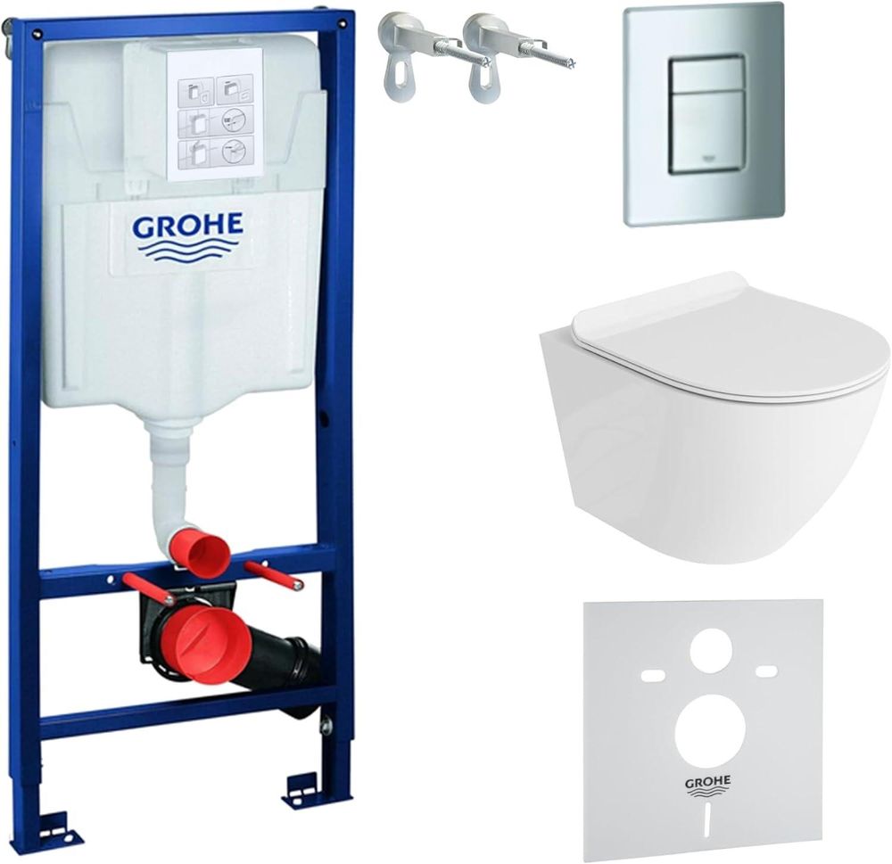 GROHE Vorwandelement Solido + Wand Hänge WC Sofi Weiß Spülrandlos + WC-Sitz SoftClose | Verchromter Knopf | Komplettset | Unterputz Spülkasten | Toilette Komplett Sett