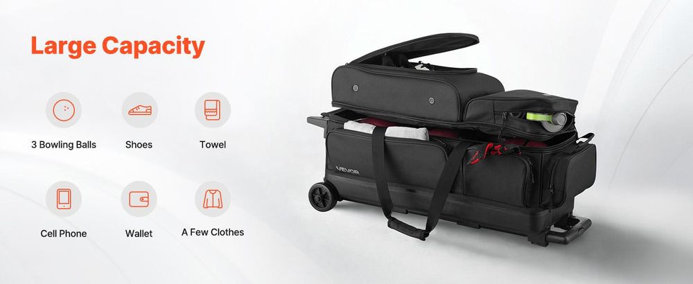 VEVOR Bowlingballtasche, 2-Ball-Doppelroller-Bowlingtasche mit Rädern, mit einem separaten Fach für Schuhe (bis US-Größe 16) und übergroßer Zubehörtasche, ausziehbarer Griff bis 1050 mm, Schwarz-3 Bälle