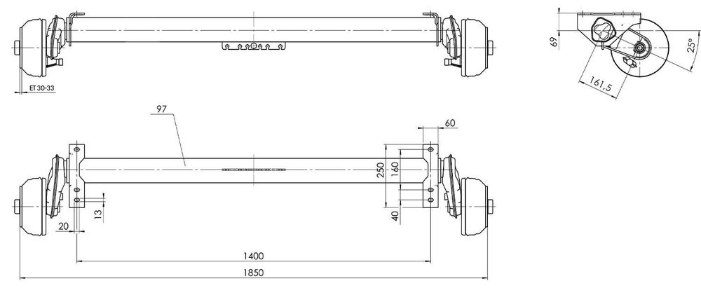 AL-KO Gebremste Achse 1350 kg 1400 mm für schwere Anhänger und Autotransporter