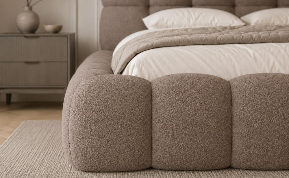 MOEBLO Polsterbett Bubble Bett 19 – Doppelbett im Wolkenbett-Design mit Bouclé-Bezug, gepolstertem Kopfteil, Bettkasten, Gasfedermechanismus und Lattenrost - 160x200 cm - Terrakotta (Arena 09)