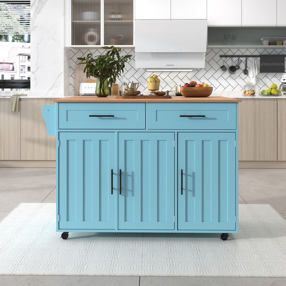 Flieks Servierwagen Kücheninsel mit 2 Schubladen, Küchentrolley Speisewagen mit Klappbar Arbeitsplatte, Küchenwagen mit Regal, 129x46-71x91.5cm, Blau