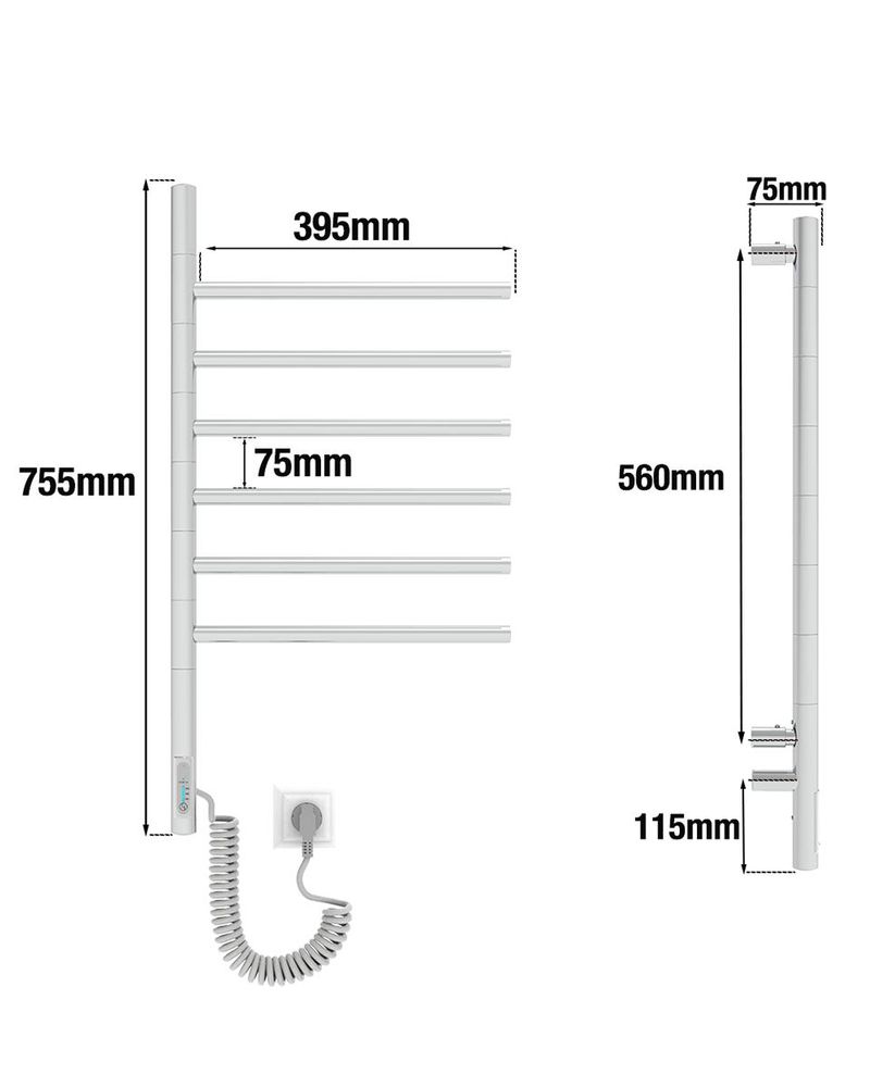 Rozmery radiátora ELNA Vertical 6: 755 x 395 x 75 mm