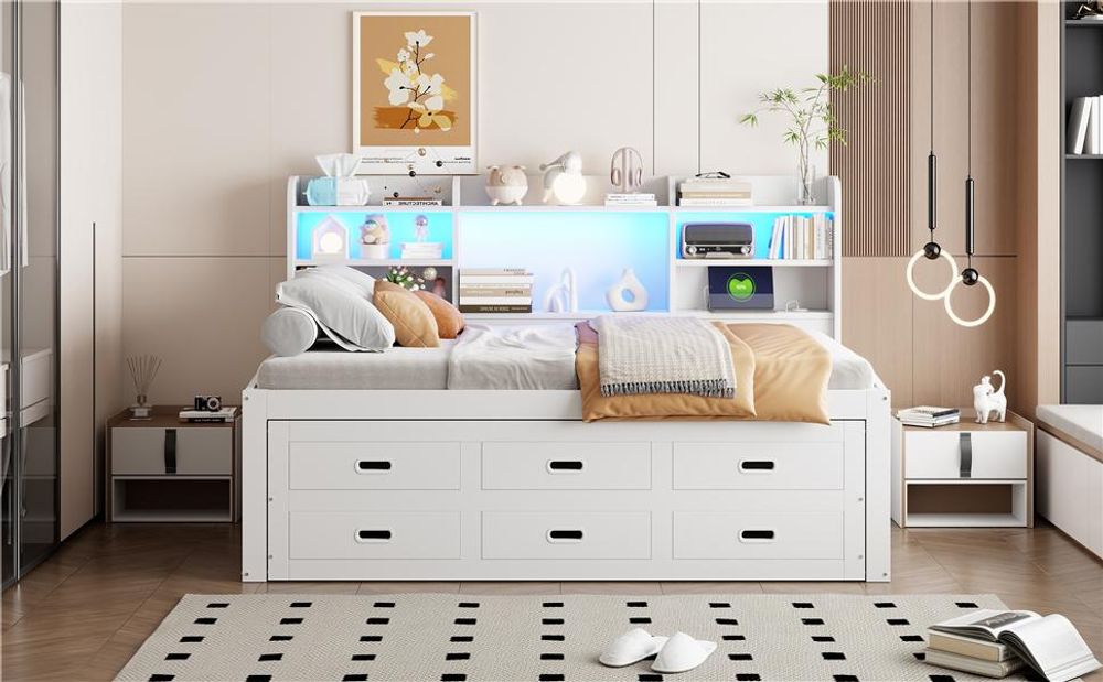 Merax Tagesbett 90x200cm mit Ausziehbett, Schlafsofa mit LED, 3 Schubladen, Regal, USB+Type-C, Daybett, Einzelbett, Weiß