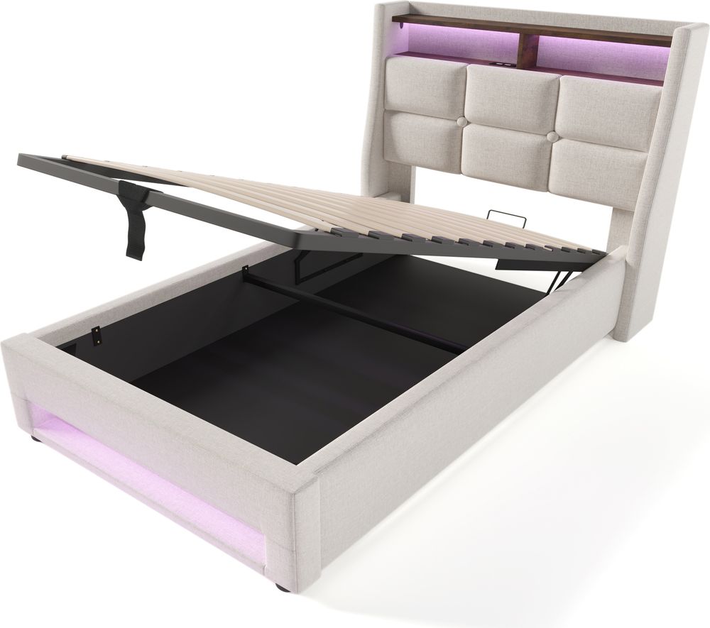 okwish LED Polsterbett 90x200 cm, Einzelbett mit USB, Jugendbett mit Metallrahmen Lattenrost, Bettgestell aus Leinen, Beige (mit Matratze)