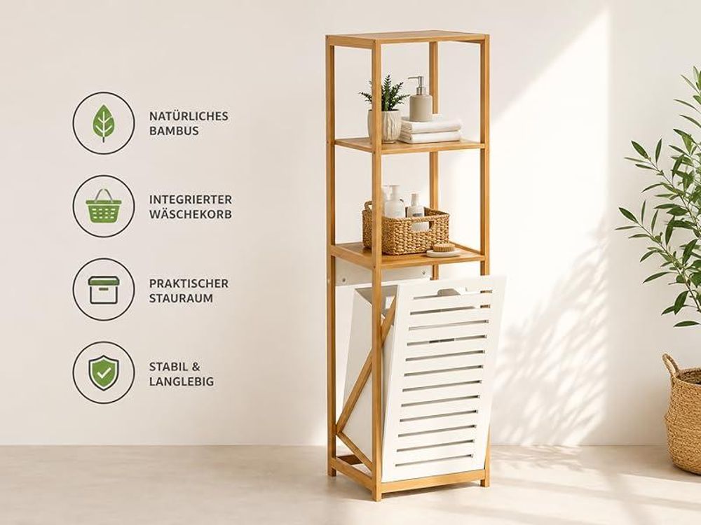 BEGRYF Bambus Wäscheschrank mit Wäschebehälter & Regal – 130 cm hoher Badezimmer‑Organizer mit 2 Regalböden & Stoff‑Wäschekorb