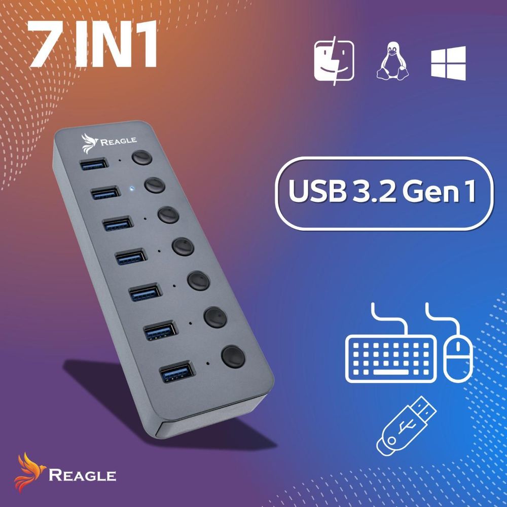 USB 3.0 Hub Aktiv 7 Port Reagle USB A Multiport Adapter mit Netzteil 24W Einzeln Schaltbar Ein Aus Schalter Datenhub für Laptop PC Silber