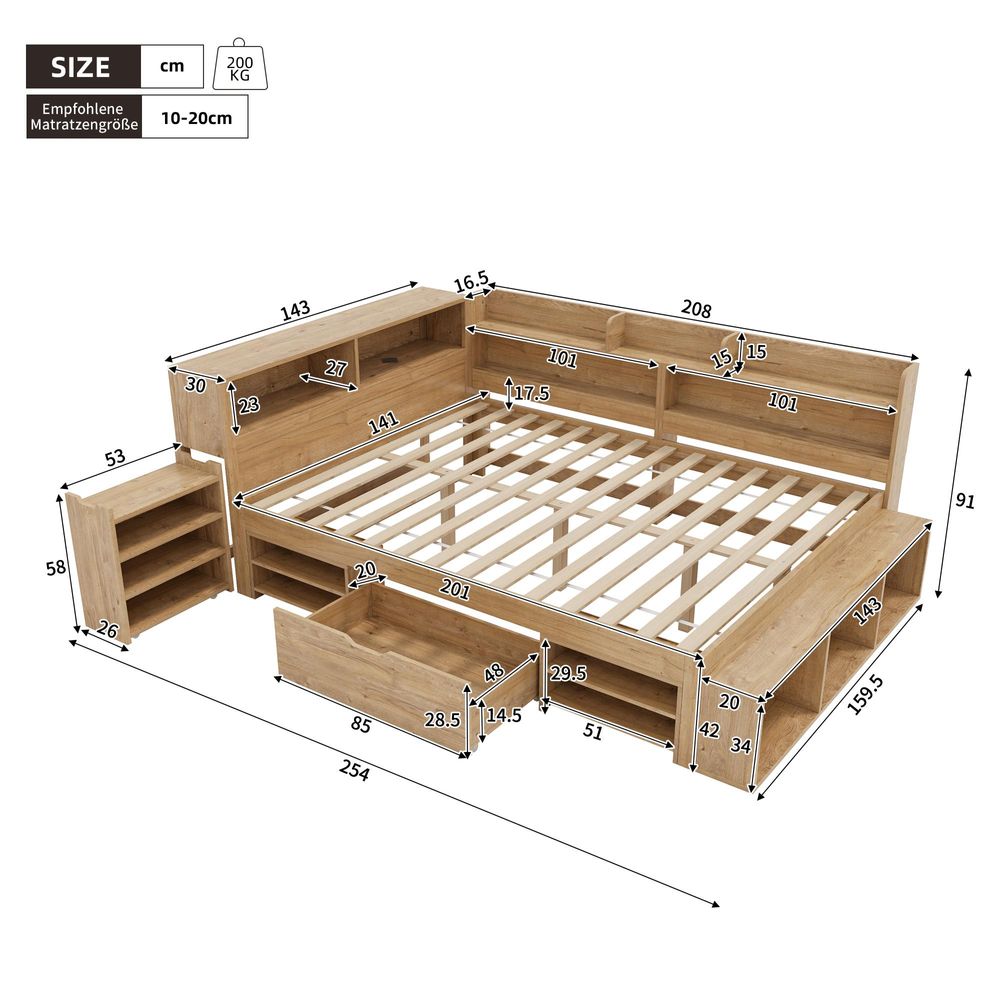 Flieks Jugendbett 140x200cm mit Ladefunktion, Kinderbett Tagesbett Doppelbettmit Schublade,  Ausziehbarem Nachttisch und Regal, Klassisches Bett