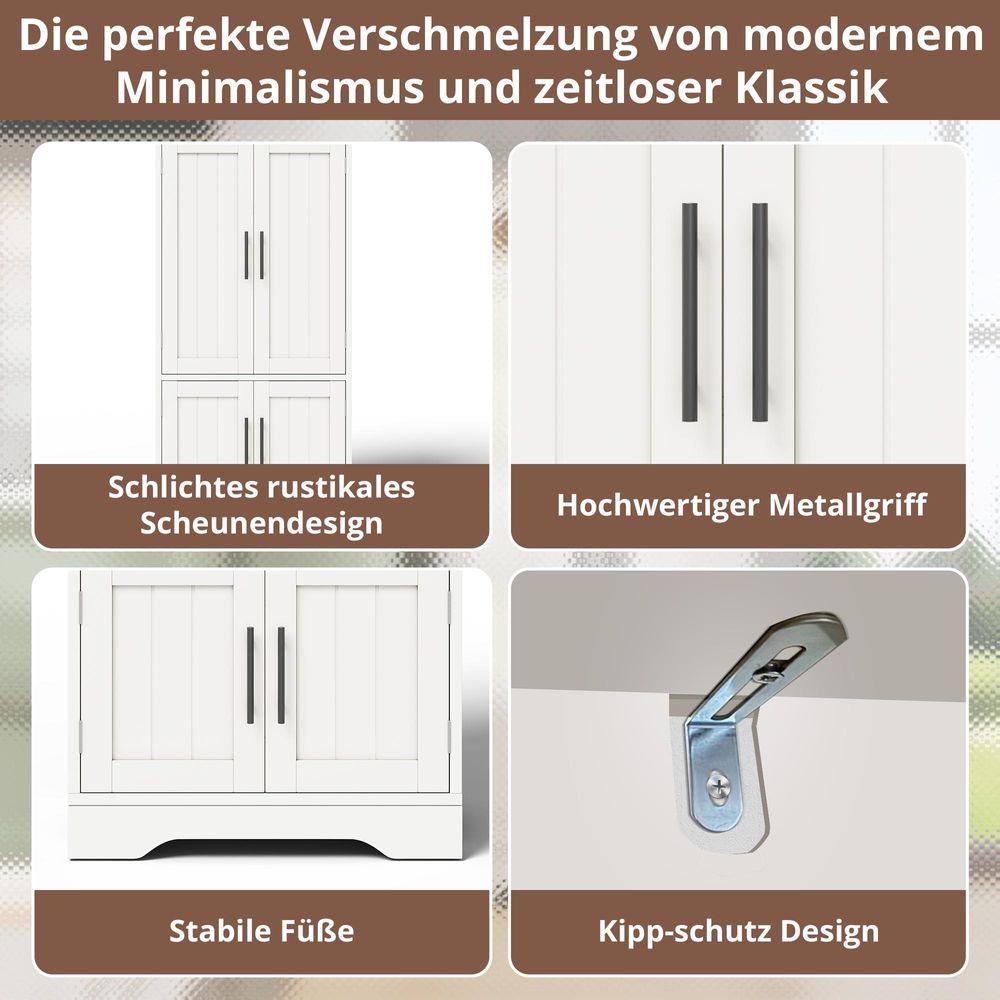 Flieks Küche Hochschrank mit LED, 4-türiger Schrank mit Regalböden & Türablagen, 120x60x40 cm, geeignet für Küche, Esszimmer oder Wohnzimmer, weiß