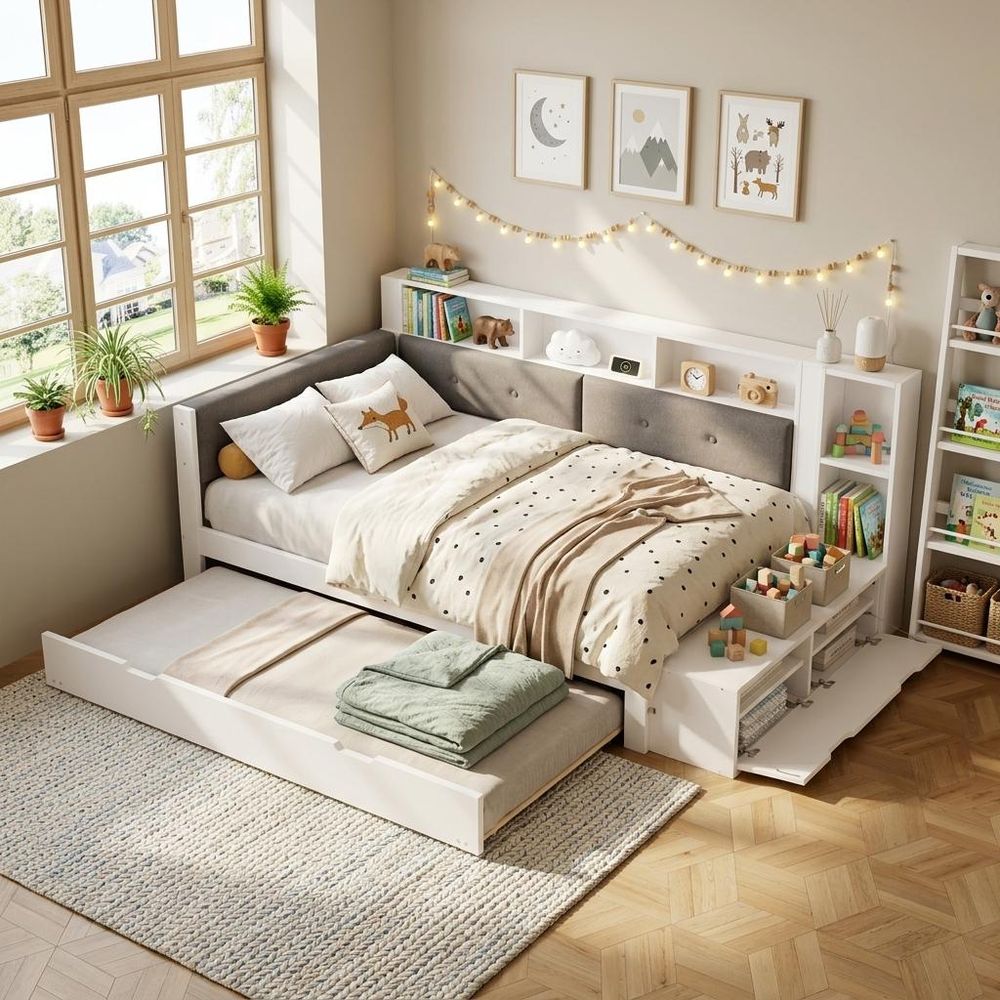 Merax Holzbett Tagesbett 120x200 cm mit Ausziehbett 90x190 cm, Daybett mit Ladefunktion und gepolstertem Kopfteil, Regalfächern & Schuhbank, Weiß