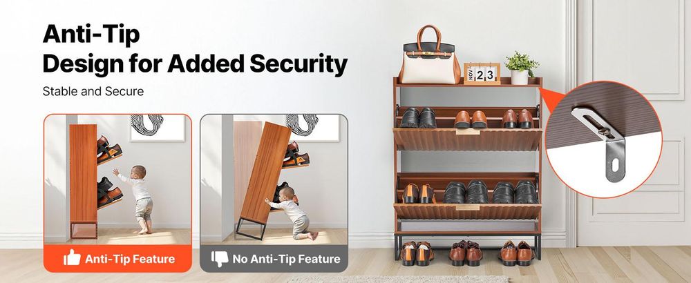 VEVOR Schuhschrank mit 2 Klappen, platzsparender Schuhkipper & Kippschutz, freistehender Schuhregal-Organizer für den Eingang Flur Wohnzimmer Veranda, Schuhregal 80 x 24 x 100 cm Braun