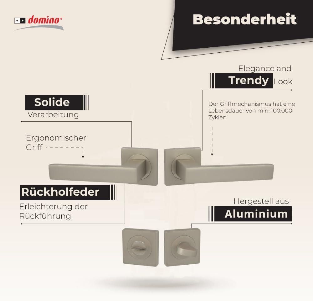 DOMINO Türgriff Drückergarnitur WC - Badezimmer Set | mit quadratischen Rosetten | für Badezimmertüren | Set WC - Rosetten-Garnitur | Türbeschläge aus Aluminium | Satin Nickel Velvet Türdrückergarnitur| QUBIK-QR M91