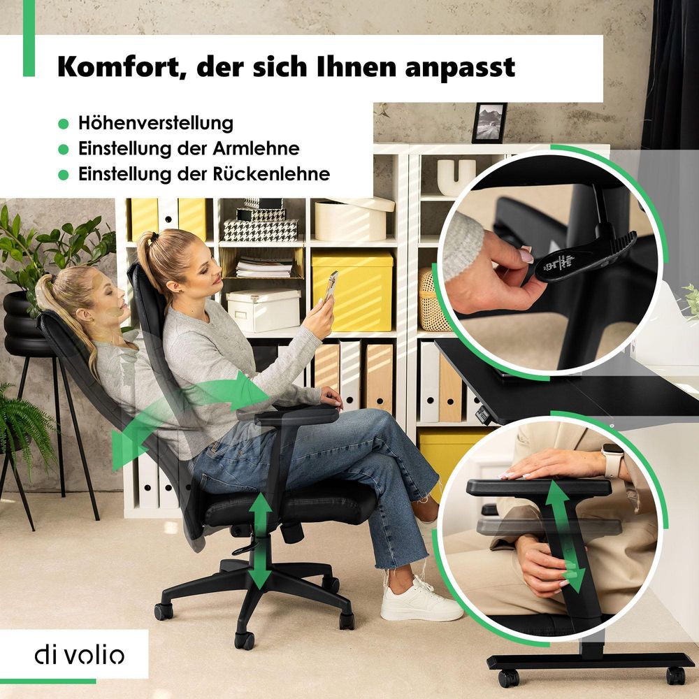 di volio Bürostuhl Adelo Schwarz, ergonomischer Schreibtischstuhl mit Höhenverstellung, max. Körpergewicht 150 kg, Chefsessel auf Lenkrollen
