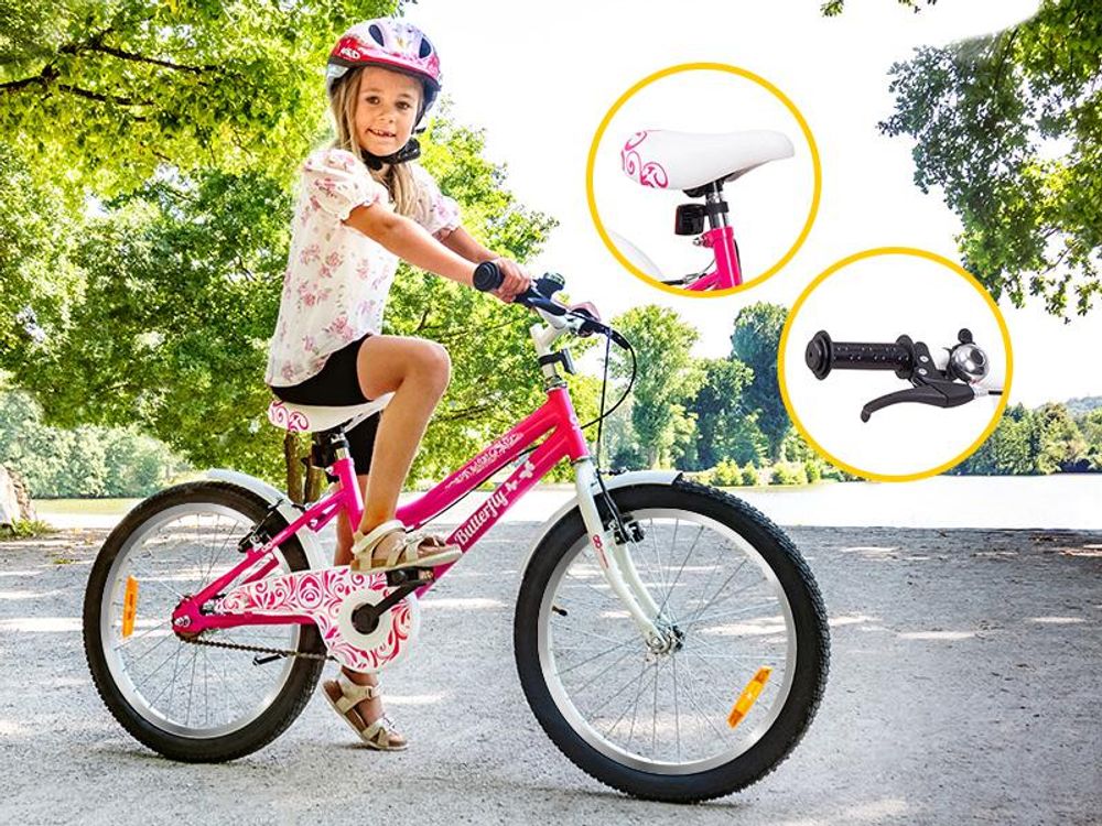 Actionbikes Kinderfahrrad Butterfly 20 Zoll | Kinder & Jugend Fahrrad - V-Brake Bremsen - Kettenschutz - Fahrradständer - 6-9 Jahre (Pink/Weiß)
