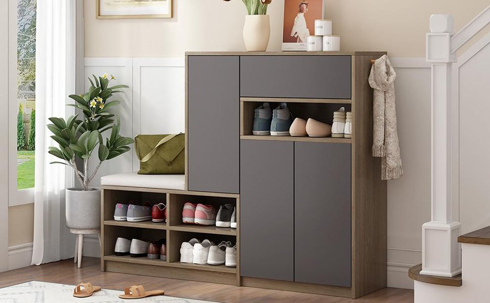 Merax Schuhschrank mit 3 Tür, Schubladen, Offene Fächer, Schuhkipper, Schuhkommode, Schuhablage, Schuhregal für 15–20 Paar Schuhe, Grau